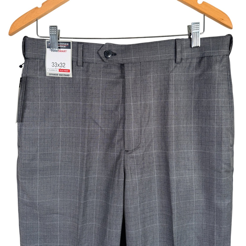 Roundtree & Yorke TravelSmart Dress Pants Mens 33x32 Grey Glen Plaid Classic Fit